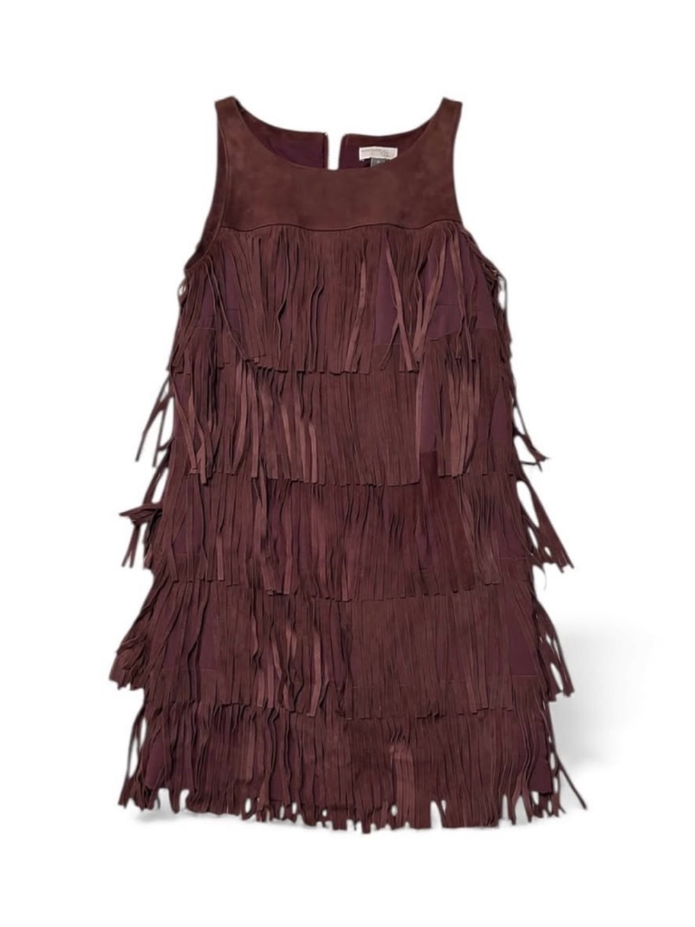 Sleeveless Suede Fringe Shift Brown Dress, Vintage Style, 1970